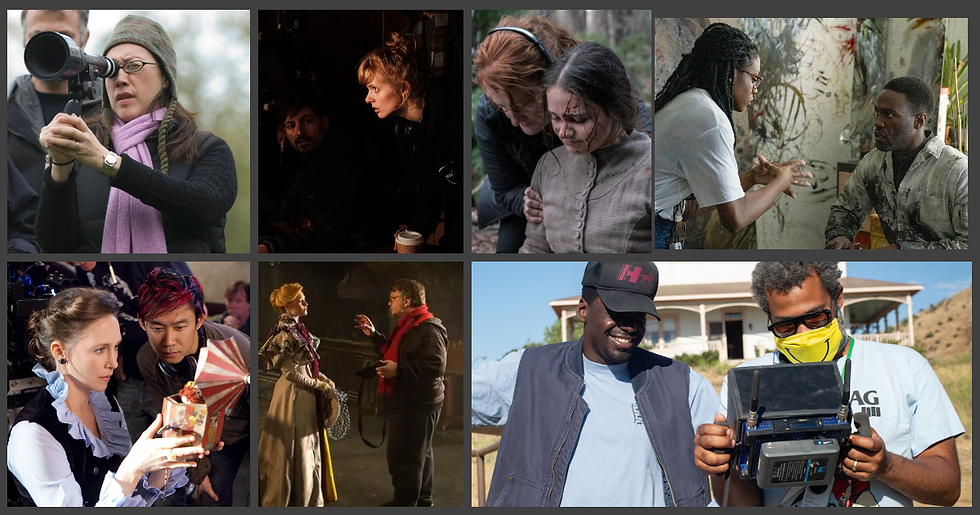 Collage of contemporary horror directors on set including: Karyn Kusama on the set of "Jennifer's Body" (2009), Rose Glass on the set of "Saint Maude" (2019), Jennifer Kent and Aisling Franciosi on the set of "The Nightingale" (2018), Nia DaCosta and Yahya Abdul-Mateen II on the set of "Candyman" (2021), James Wan and Vera Farmiga on the set of "The Conjuring" (2013), Guillermo Del Toro and Mia Wasikowska on the set of "Crimson Peak" (2015), and Jordan Peele and Daniel Kaluuya on the set of "Nope" (2022).