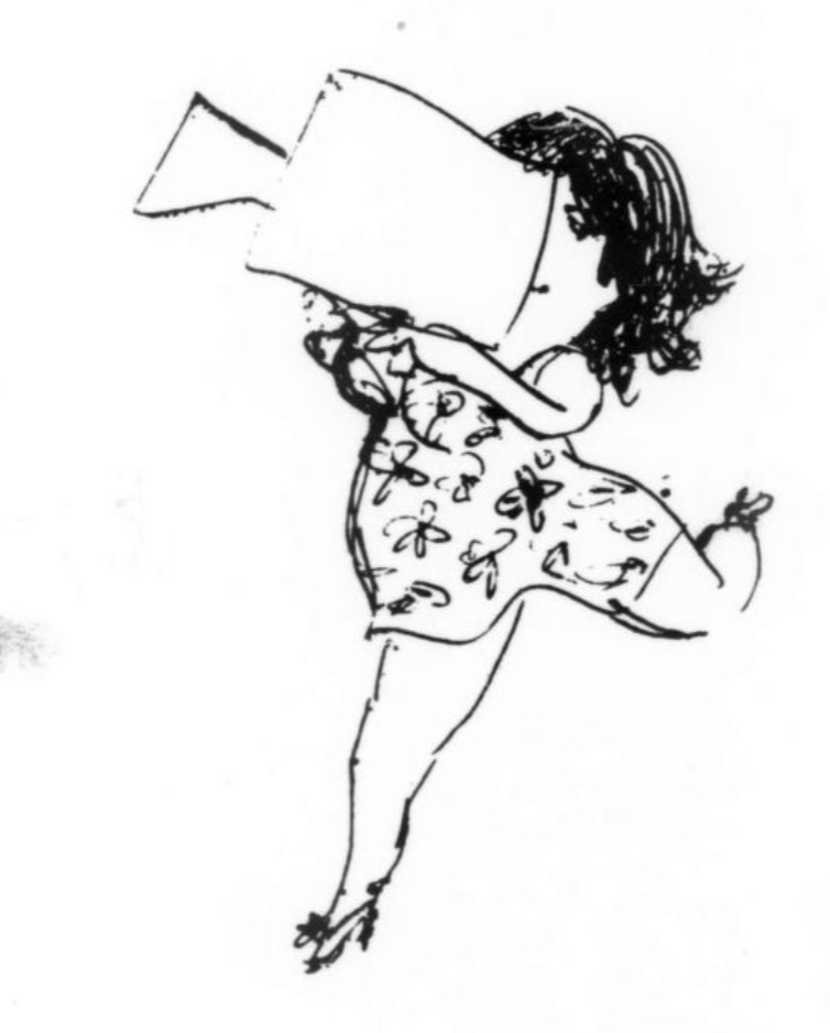 A sketch of Joyce Wieland in a flowery dress dances, covering her face with a camera. Simple line drawing with a whimsical, joyful mood.