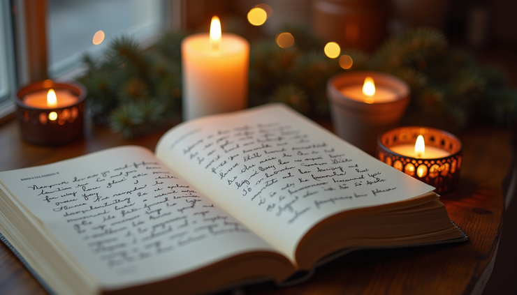 Close-up view of a journal open with handwritten reflections beside a softly glowing candle