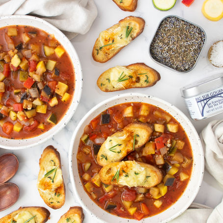 Rustic Ratatouille Soup with Brie Crostini