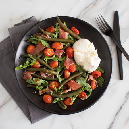 Italian Pickled Green Bean Salad with Roasted Tomatoes, Speck, and Burrata 