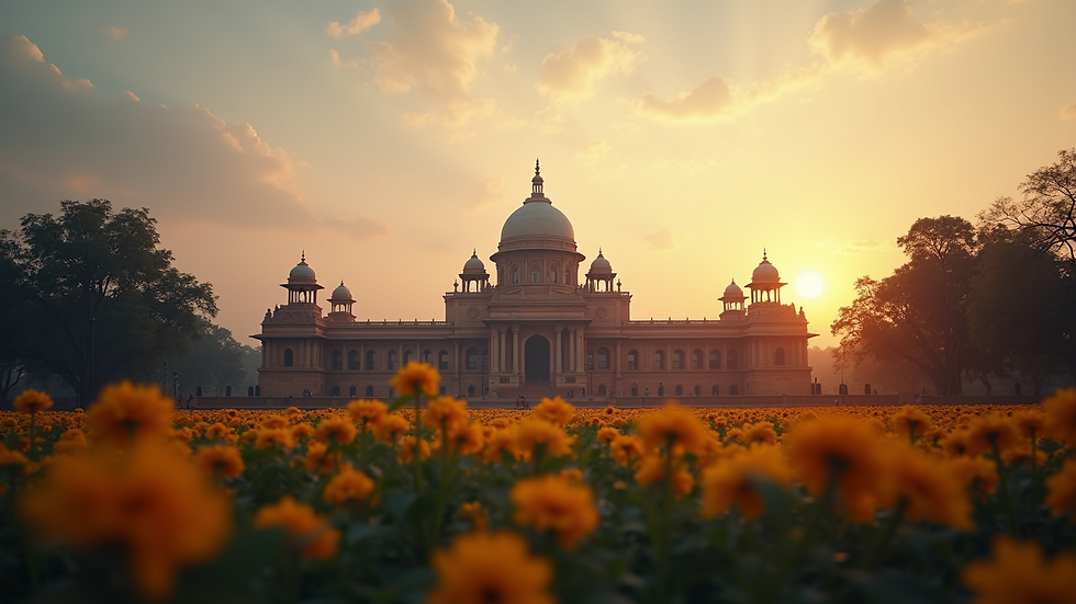 Wide angle view of the Indian Parliament at dusk