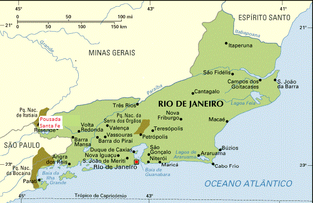 Mapa do Rio de janeiro mostrando a localização da Pousada Santa Fe de Penedo.