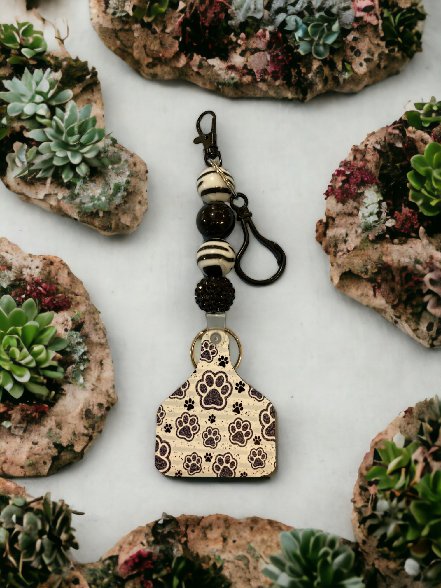 Cowtag Pawprint Zebra Beaded Keychain