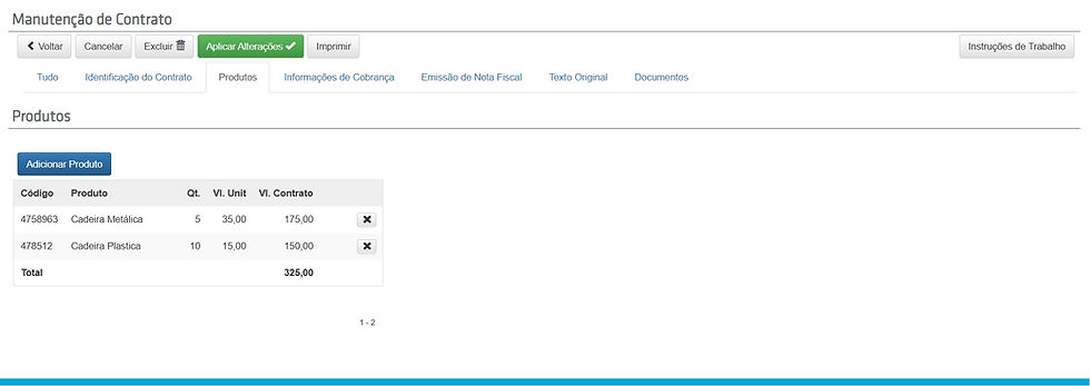 Produtos considerados no contrato