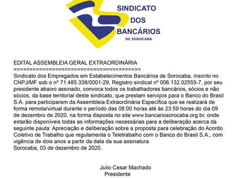 EDITAL, MINUTA E LINK PARA VOTAÇÃO DA ASSEMBLEIA DE TELETRABALHO DO BB