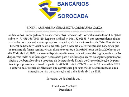 Assembleia da Caixa dia 22/04! Participe!