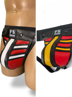 Handmade leather jockstrap with red, black, and white custom stripes – FSman gear