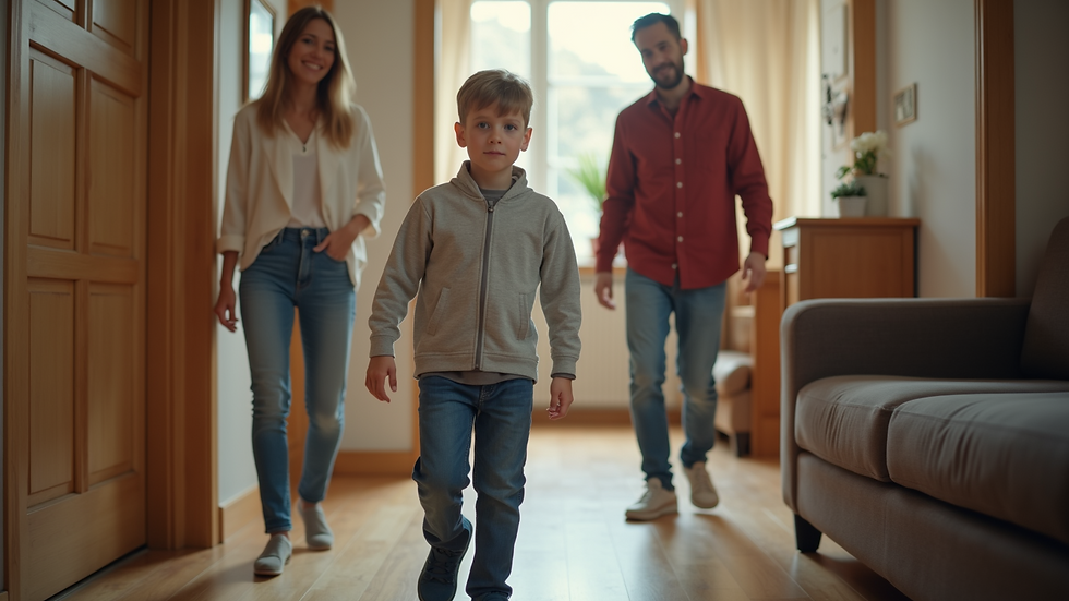 Eye-level view of a family practicing their emergency evacuation plan