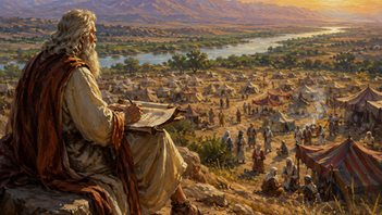 Moisés sentado escrevendo nas campinas de Moabe diante do acampamento dos hebreus e do rio Jordão, contemplando a Terra Prometida de Canaã.
