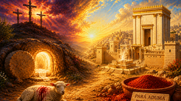 Paralelo entre a antiga prática da Pará Adumá e a redenção oferecida por Yeshua, simbolizada pelo cordeiro sacrificial, a tumba vazia, e as cruzes, contra o pano de fundo do Templo ao amanhecer.