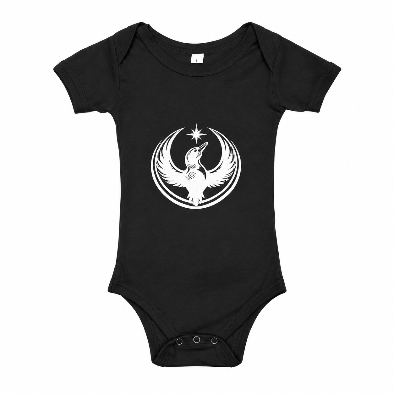 Black Rebel Loon baby onesie, centered full garment