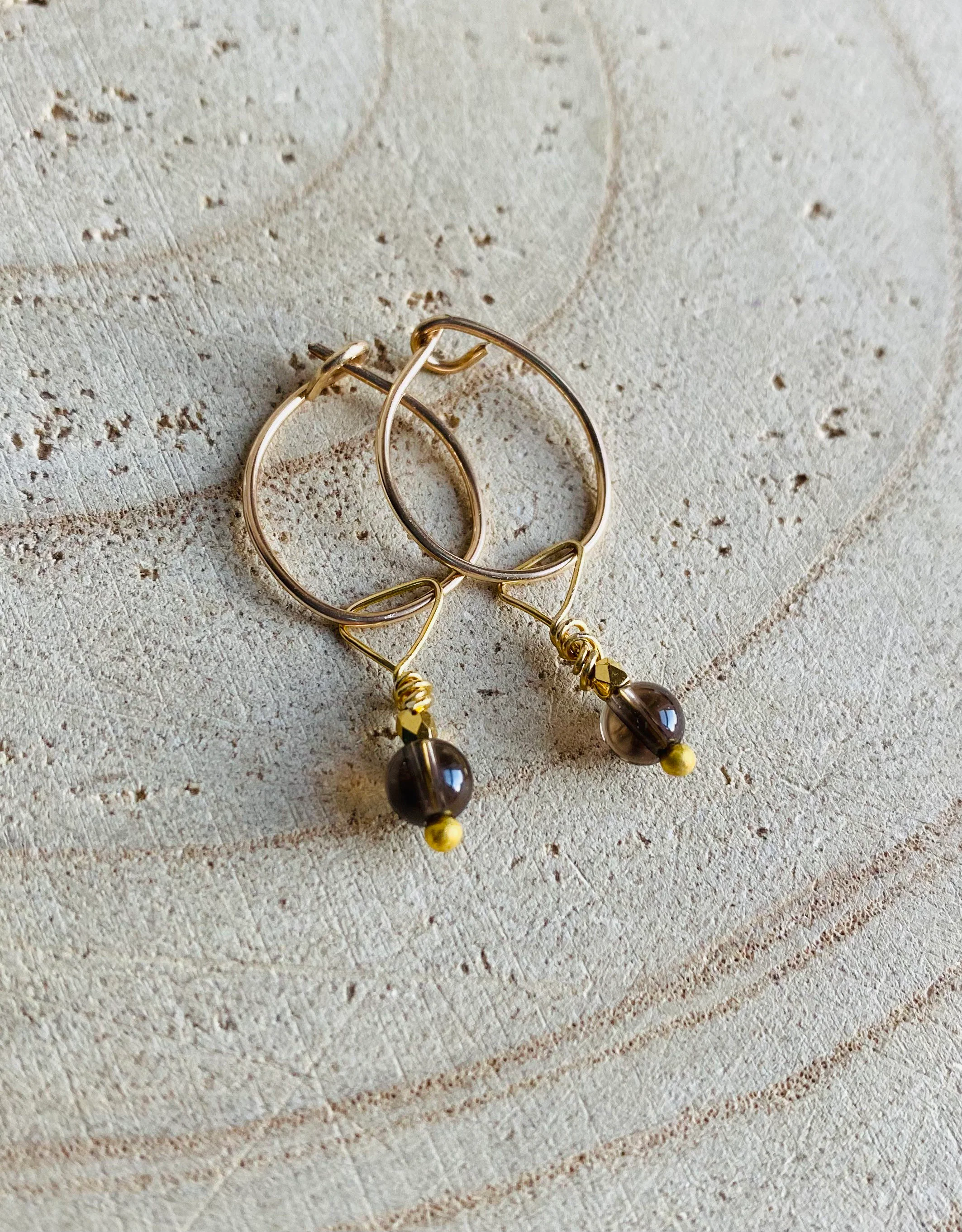 Gold filled smoky quartz hoops