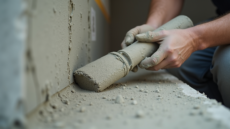 Eye-level view of a worker applying pre-mixed microcement on a wall