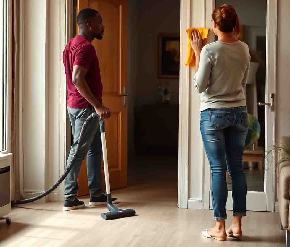 an african man standing up, using a vacuum cleaner in a home space and a european lady fac