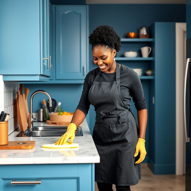 blue themed modern kitchen being cleaned by an african maid wearing apron.jpg