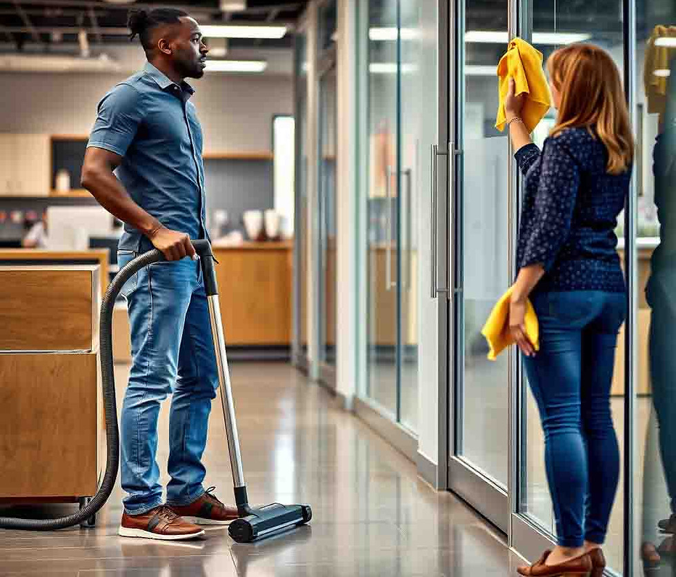 an african man standing up, using a vacuum cleaner in a commercial space and a european la