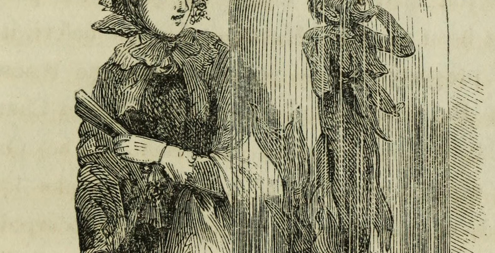 A woman viewing a Fiji mermaid, from Sights in Boston and suburbs, or, Guide to the stranger (1856)