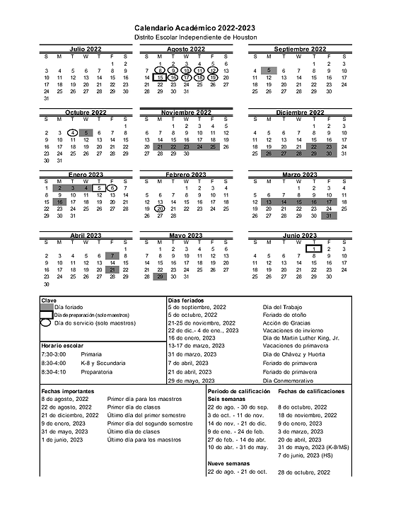 HISD Academic Calendar | Memorial PTO