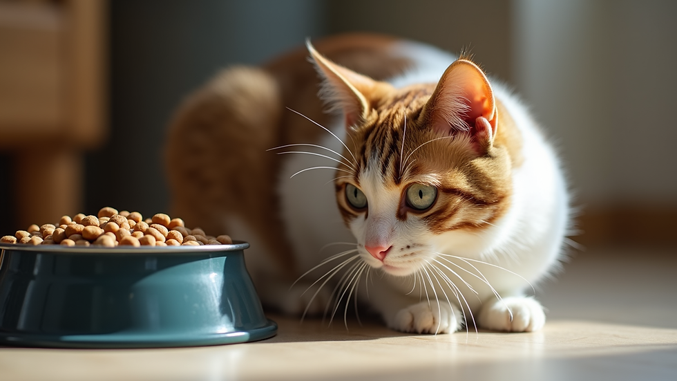 Close-up view of a cat’s feeding station with food and water bowls