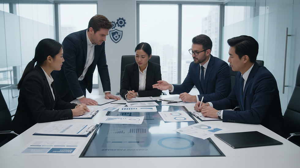 Eye-level view of a business team reviewing documents in an office