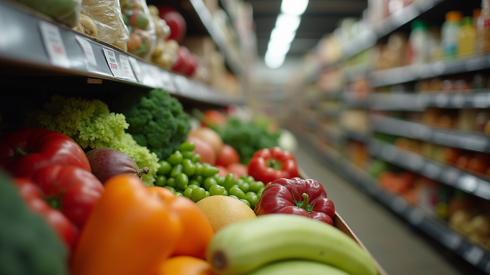 Eye-level view of a community food pantry filled with fresh produce