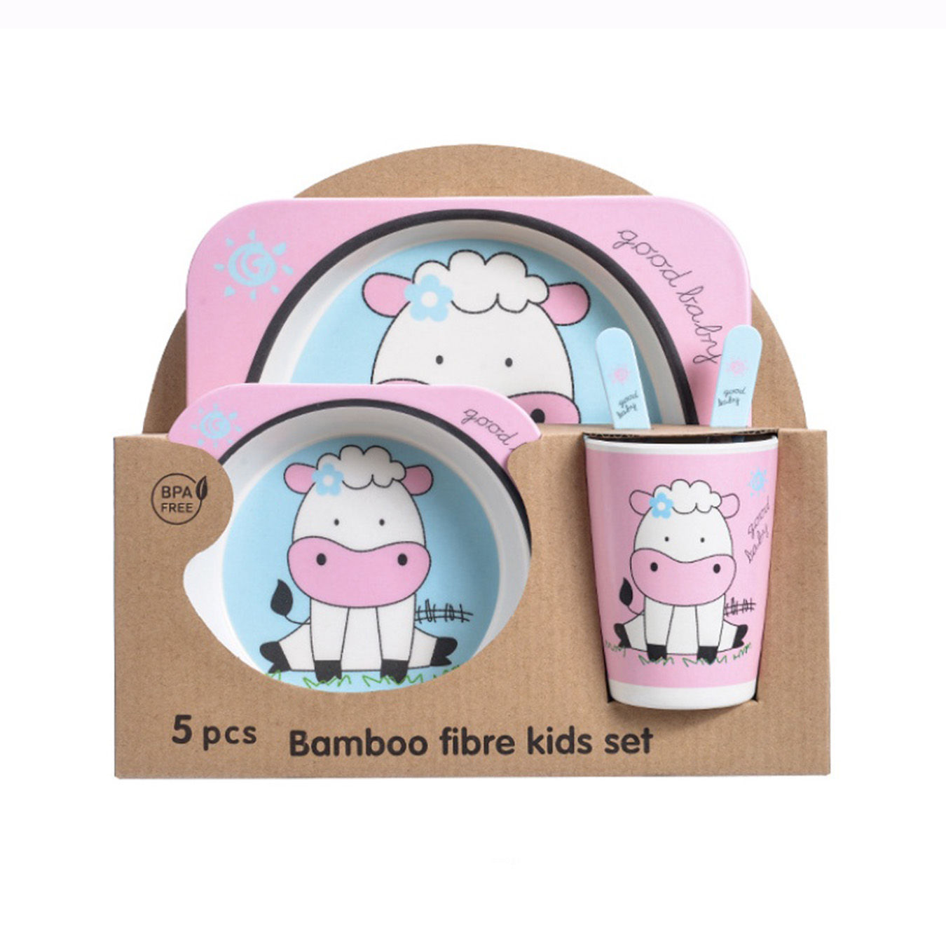 Kit 5 Peças De Fibra De Bambu Com Copo Colher Prato Garfo Para Crianças Modelo