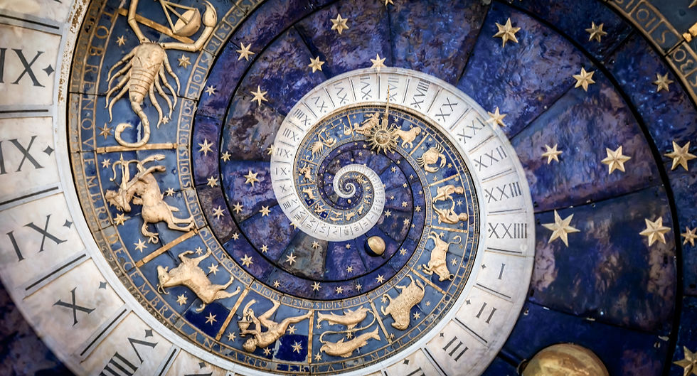 Intricate spiral zodiac wheel featuring gold astrological symbols and Roman numerals on a deep blue background, symbolizing the passage of time and cosmic cycles.