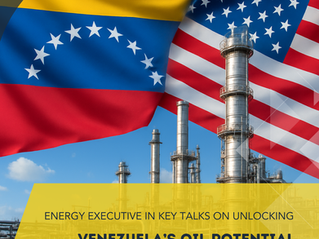 venezuelan and american flags with oil and gas refinery