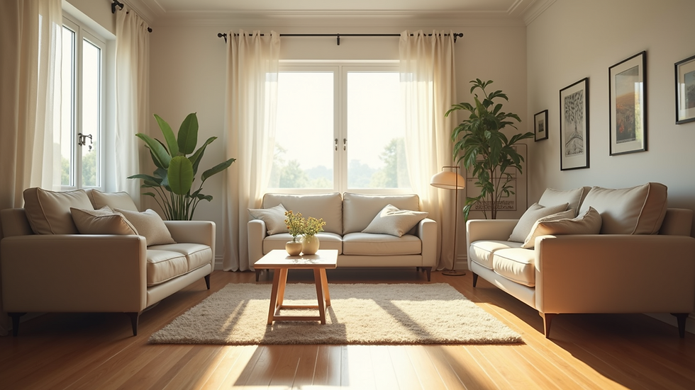 Eye-level view of a clean and tidy living room with sunlight