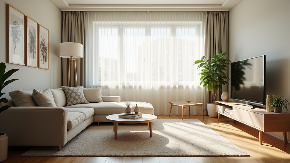 Eye-level view of a clean and tidy living room with natural light