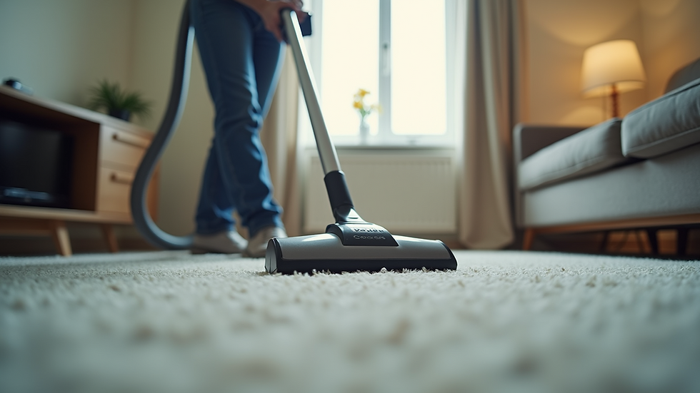 Eye-level view of a professional cleaner vacuuming a living room carpet