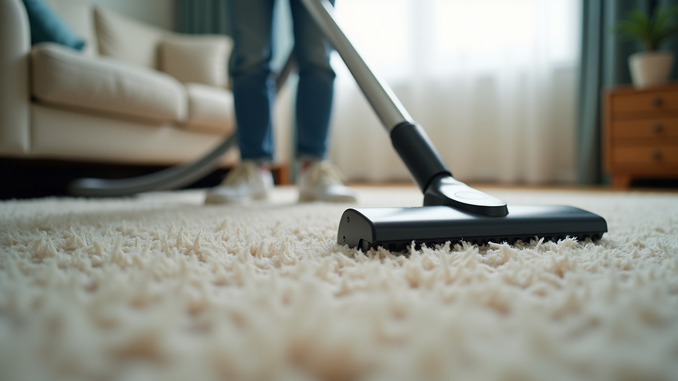 Eye-level view of a domestic cleaner vacuuming a living room carpet