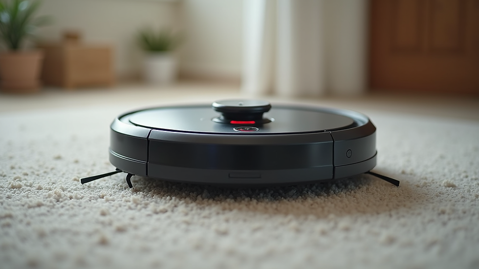 Close-up view of a robotic vacuum cleaner moving on a carpet