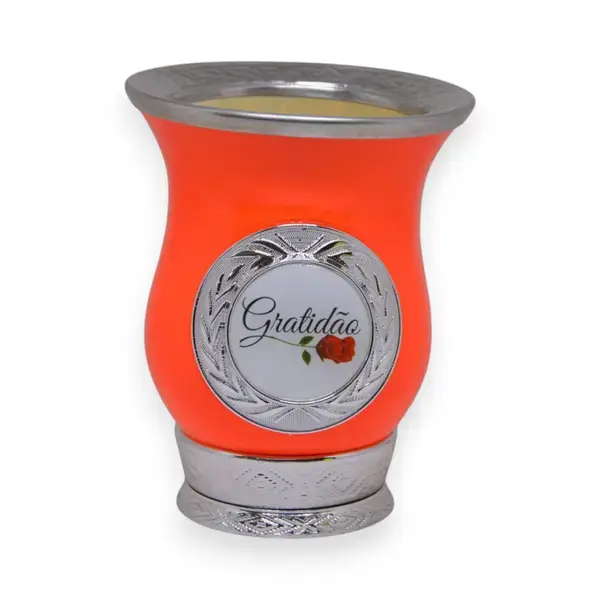 Cuia campeirinha pintada LARANJA NEON - medalha e pé prateado