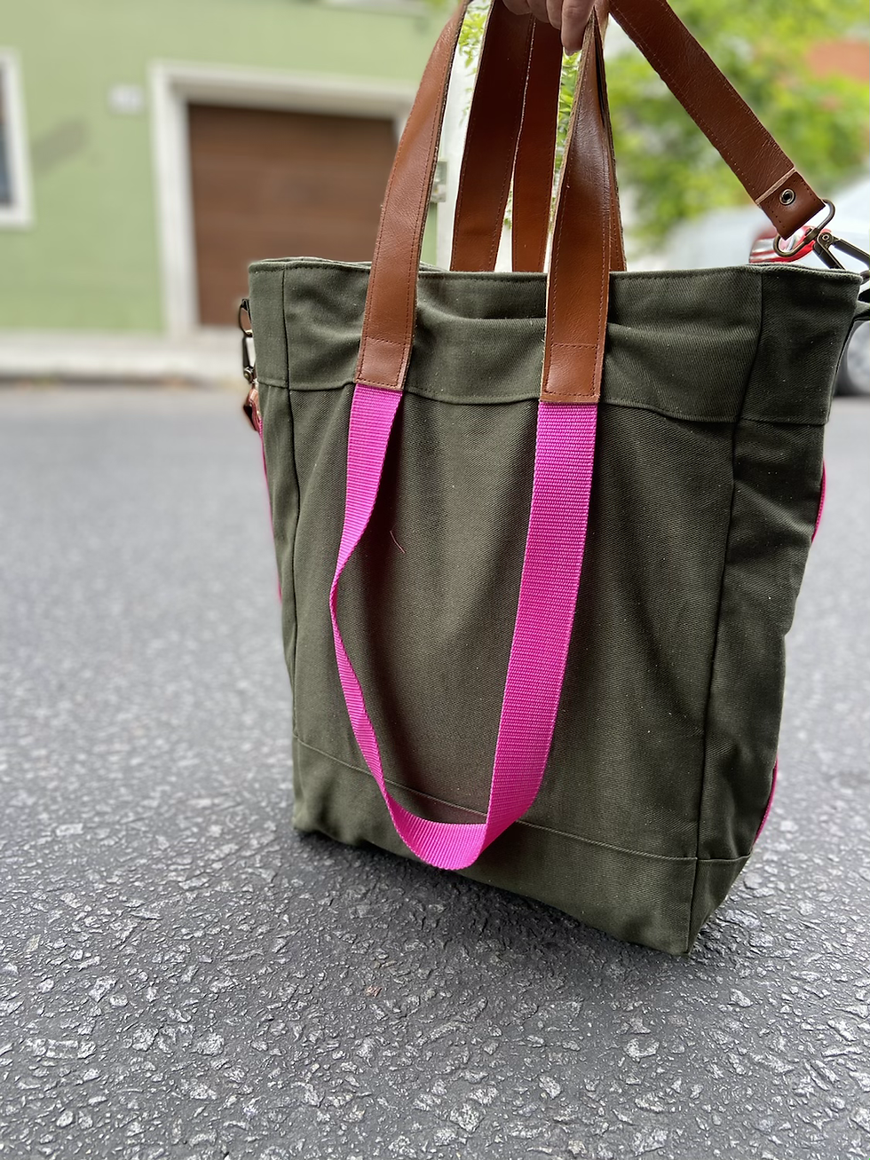 Miniatura: Bolso army + cuero tostado + cinta fucsia