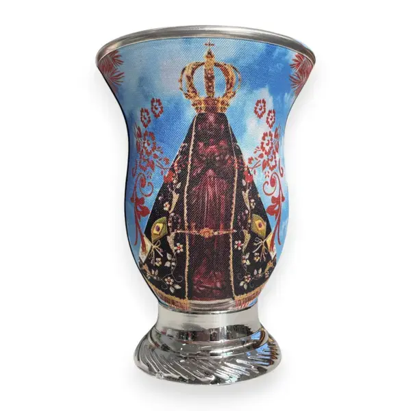 Cuia tradicional estampada NOSSA SENHORA (fundo azul) - pé prateado