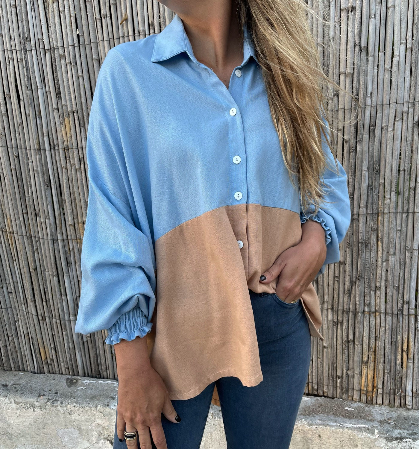 Camisa de Lino combinada con manga globo TURIN