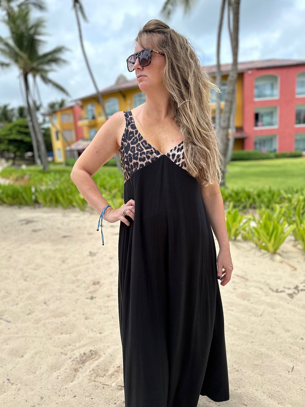 Miniatura: Vestido lycra malla print + viscosa negra 