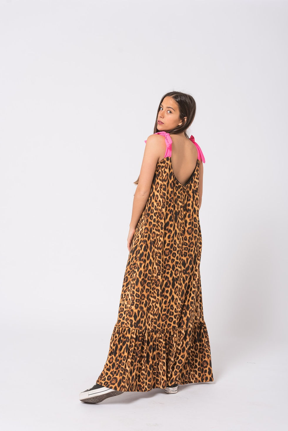 Miniatura: Vestido MALLORCA print con volado y breteles fucsia de atar 
