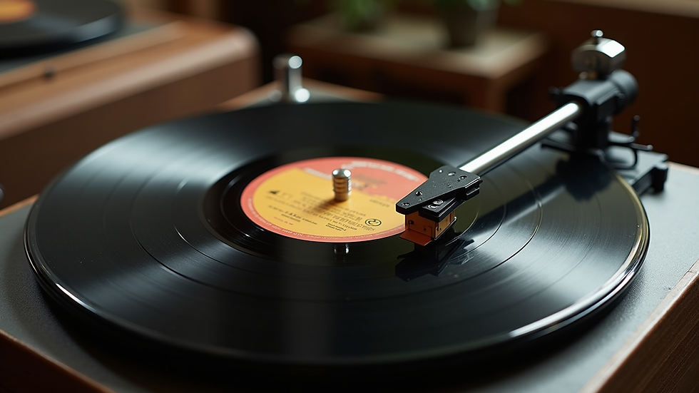 Eye-level view of a vintage vinyl record player with Led Zeppelin records