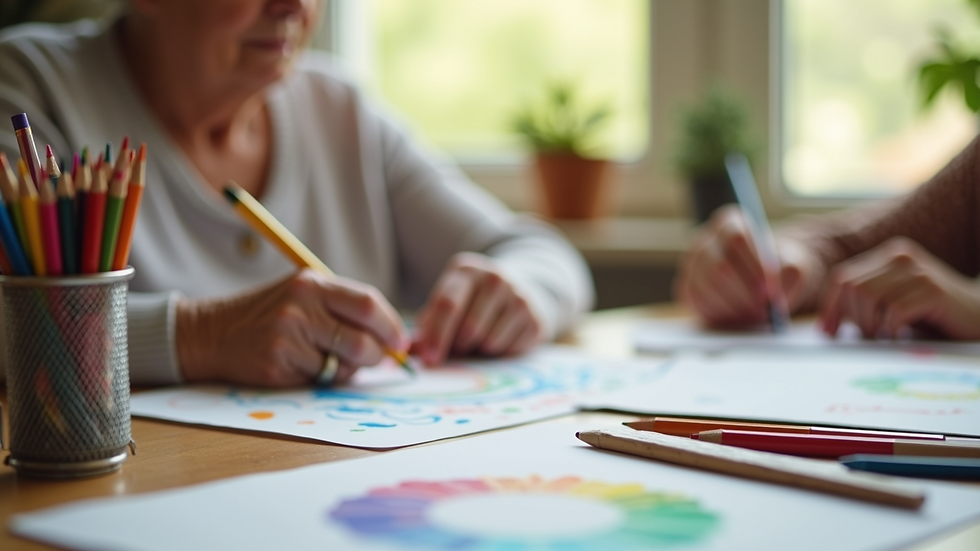 Close-up view of a memory care activity room with colorful art supplies