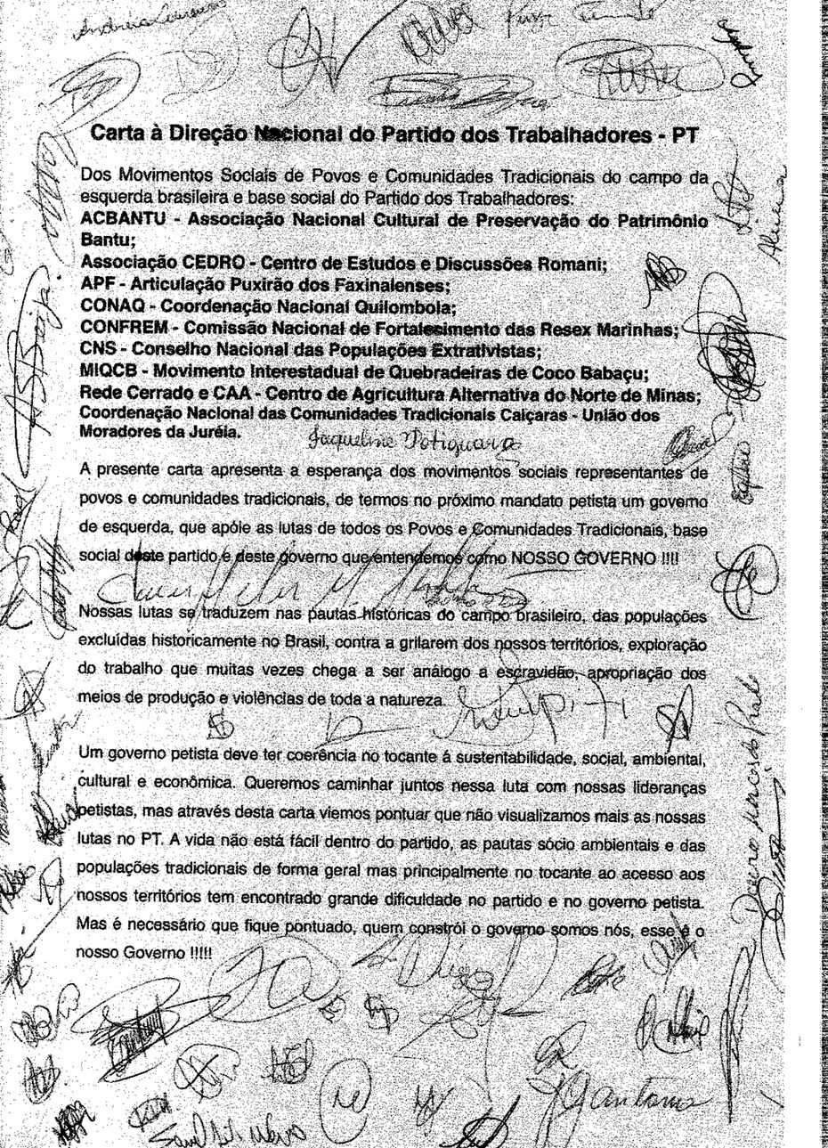 Carta elaborada pelos movimentos sociais é encaminhada à Direção Nacional do Partido dos Trabalhador