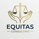 Equitas logo w/ creme backgr. Equitas in Dark Blue letters beneath a golden pair of hands holding scales of justice. 