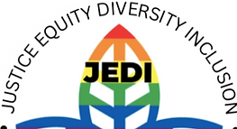 Image of a rainbow plant with the words Justice, Equity, Diversity and Inclusion and the abbreviation JEDI.