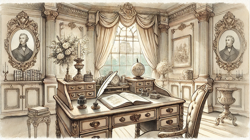 Elegant vintage office with a wooden desk, open book, quill, globes, and framed portraits. Large window with draped curtains in the background.