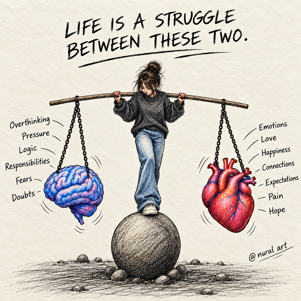 A young person balancing a brain and heart, representing the emotional balancing act of growing up.