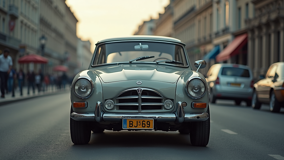 Eye-level view of a classic car with a compact number plate