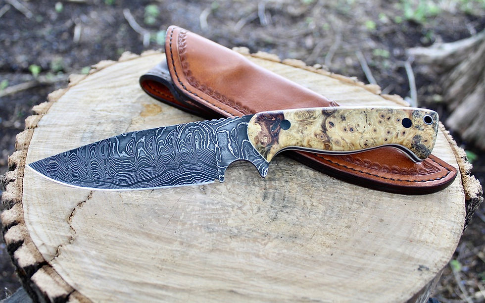 Damascus Blade - Buckeye Burl w/ White Spacer Handle