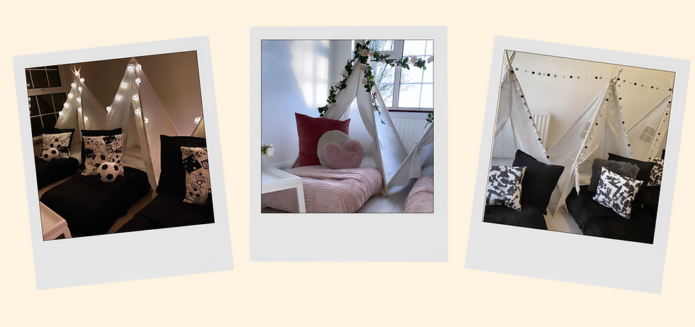 Displayed are 3 teepee themes. Rose garden; which features a teepee decorated with pink rose garland. Monochrome moment; this teepee theme has a monochrome felt ball garland pairead with monochrome scatter cushions. Football fanatic; this teepee theme features light up soccerball string lights, soccer cushions.